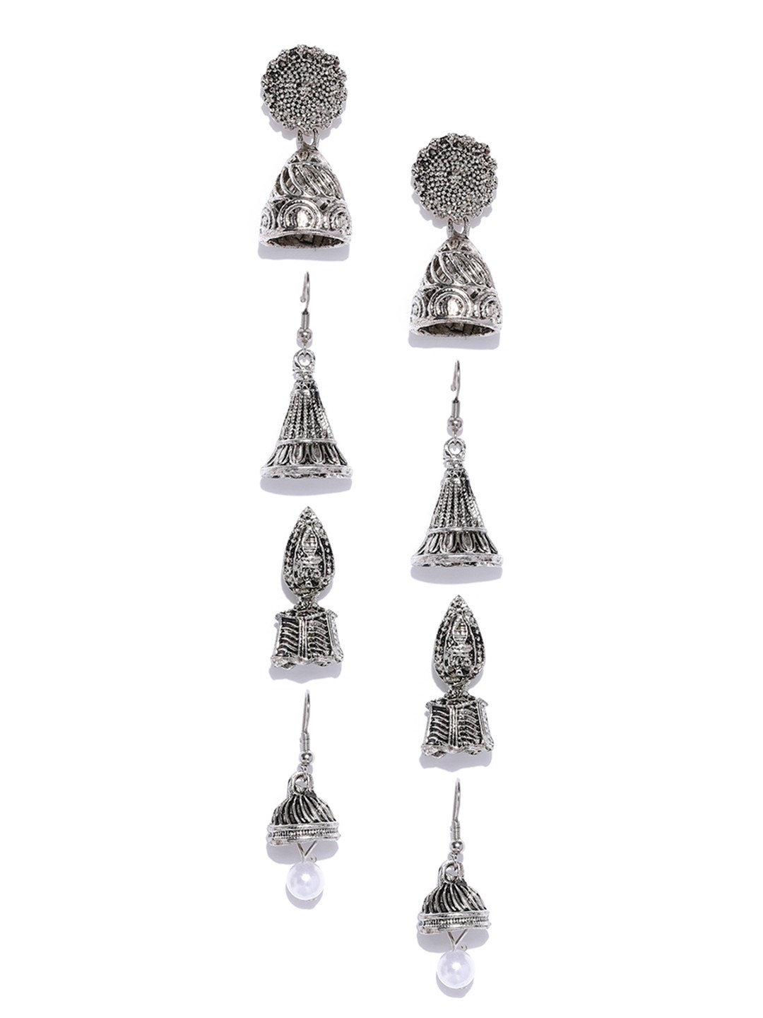 

Zaveri Pearls Set of 4 Silver-Toned Dome Shaped Jhumkas