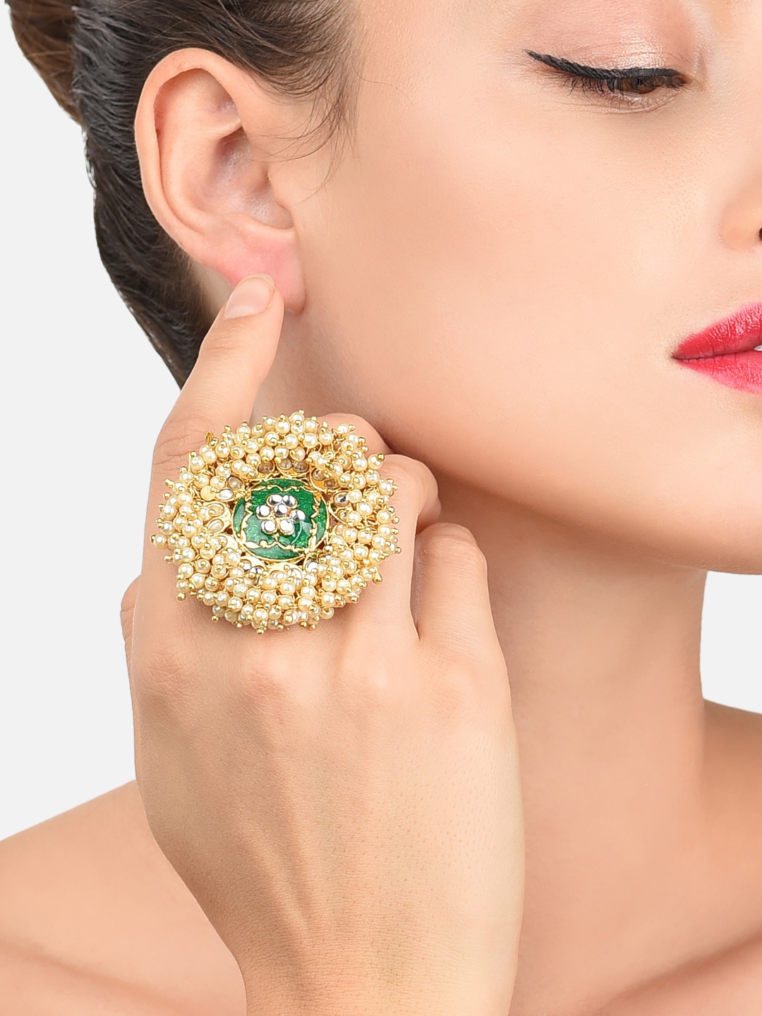 

Zaveri Pearls Embellished With Pearls & Meenakaari Adjustable Finger Ring, Gold