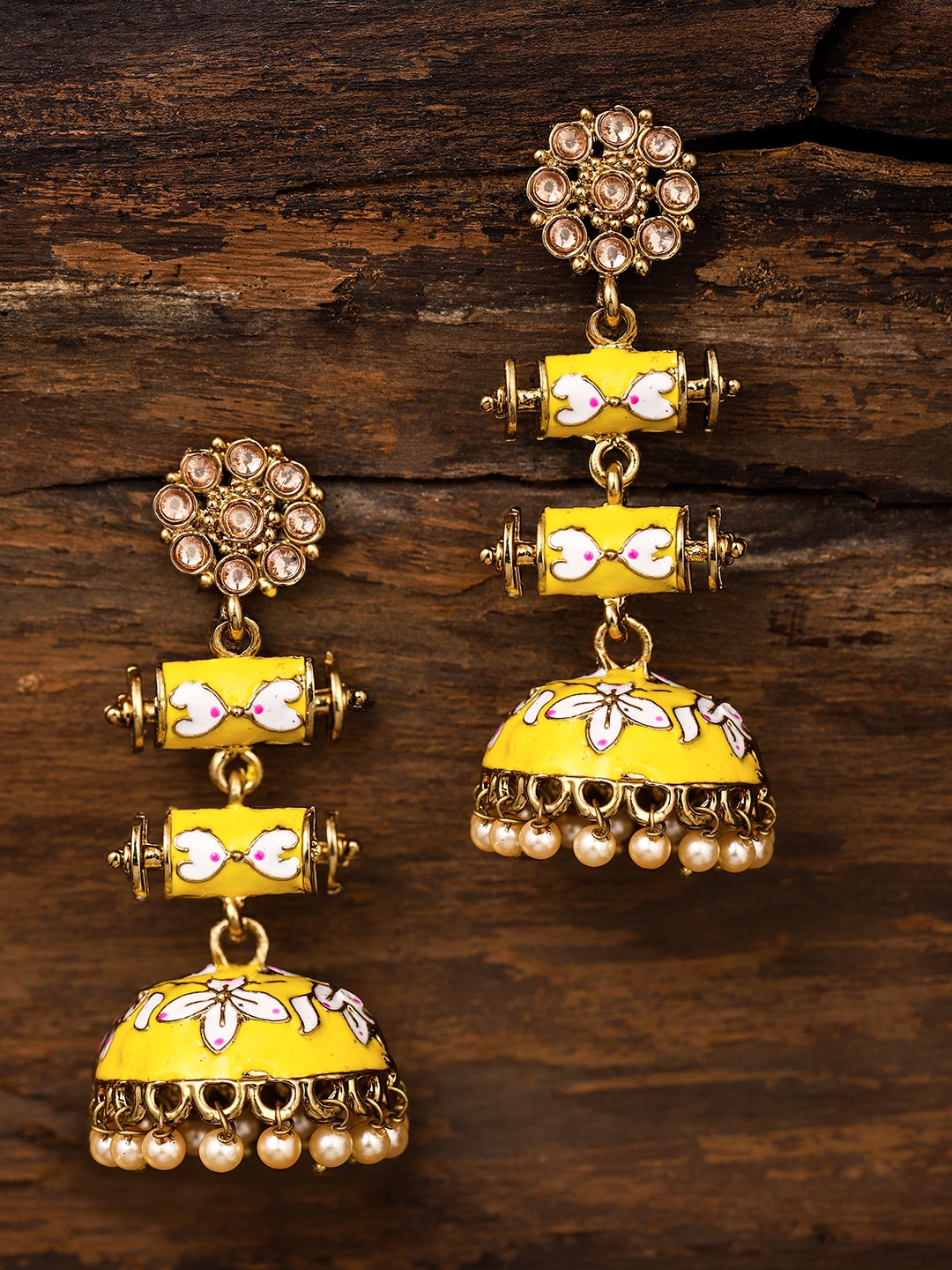 

Zaveri Pearls Gold-Toned & Yellow Enamelled Dome Shaped Jhumkas