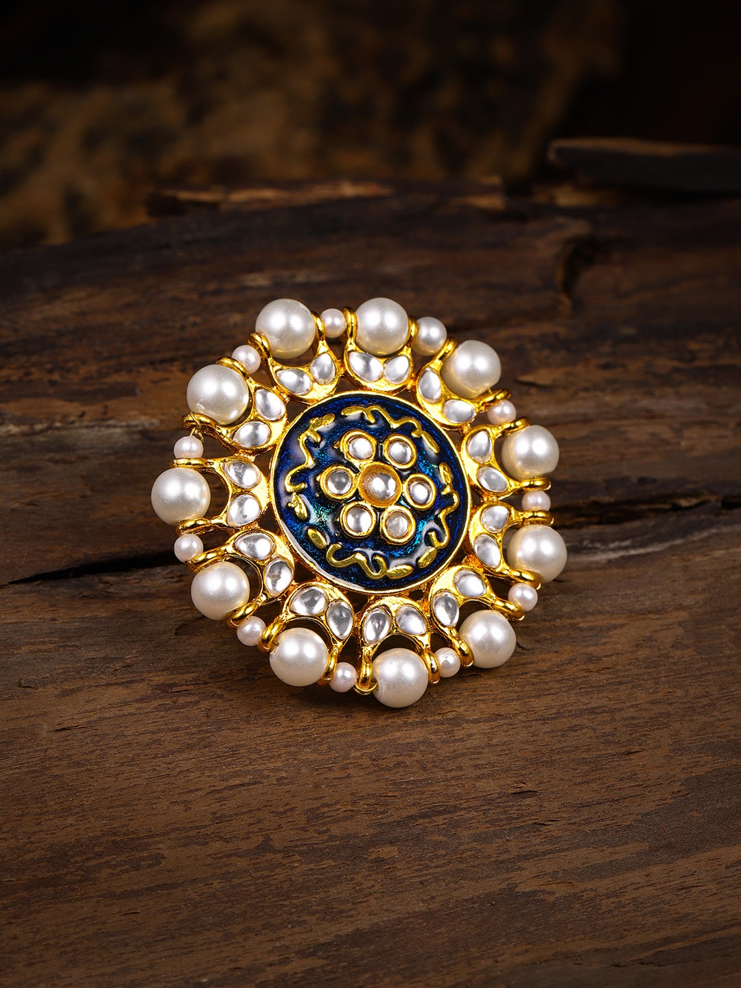 

Zaveri Pearls Embellished With Pearls & Meenakaari Adjustable Finger Ring, Gold