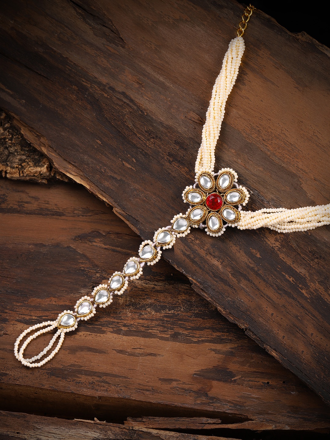 

Zaveri Pearls Gold-Toned & White Kundan & Pearls Ring Bracelet