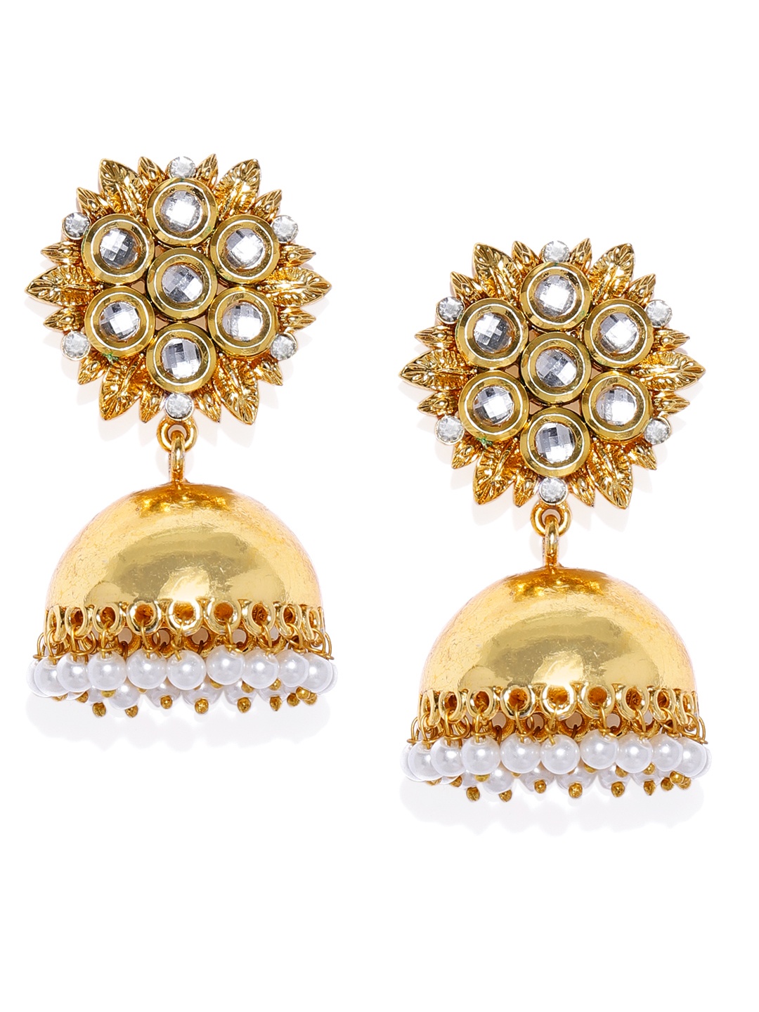 

Zaveri Pearls Gold-Toned Pearl & Kundan Studded Dome Shaped Jhumkas