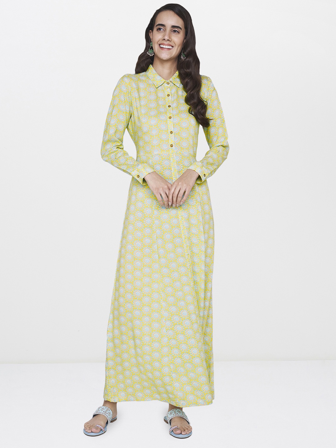 

Global Desi Women Mustard Yellow & Blue Printed Maxi Dress