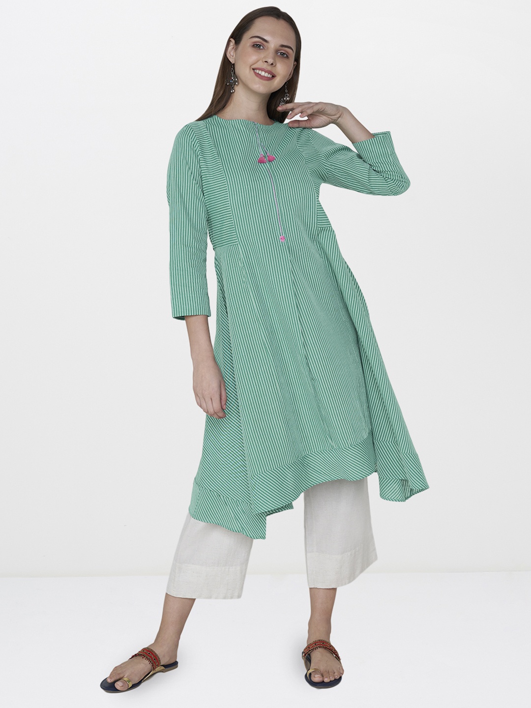 

Global Desi Women Green Striped A-Line Kurta