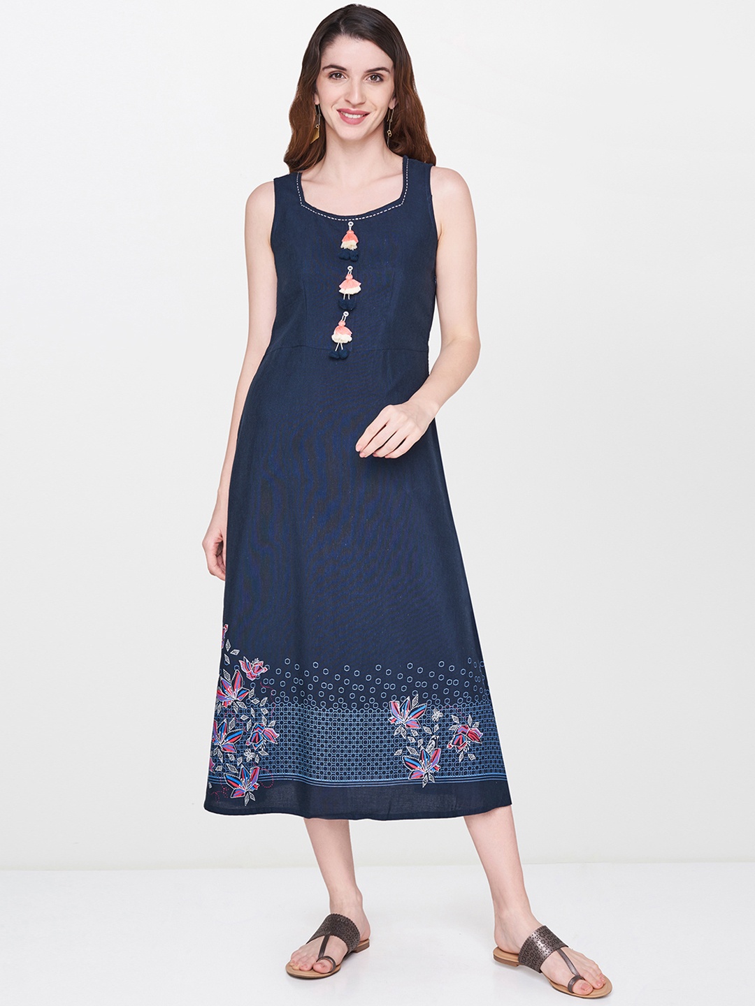 

Global Desi Women Navy Blue Printed A-Line Midi Dress