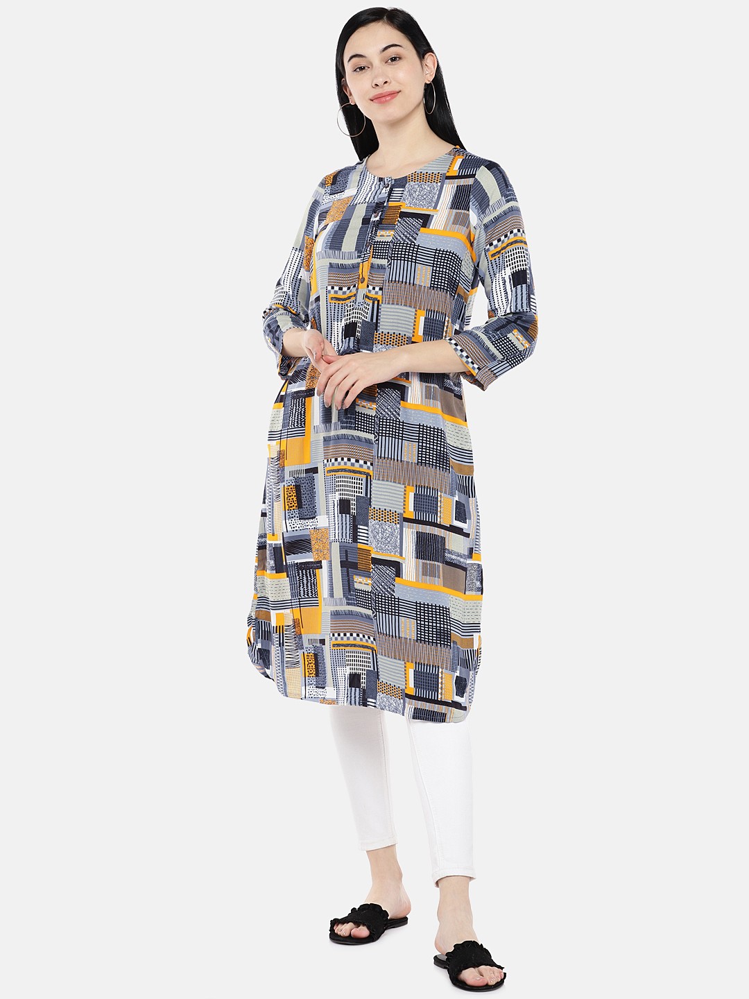 

Global Desi Women Grey & Mustard Yellow A-line Straight Kurta