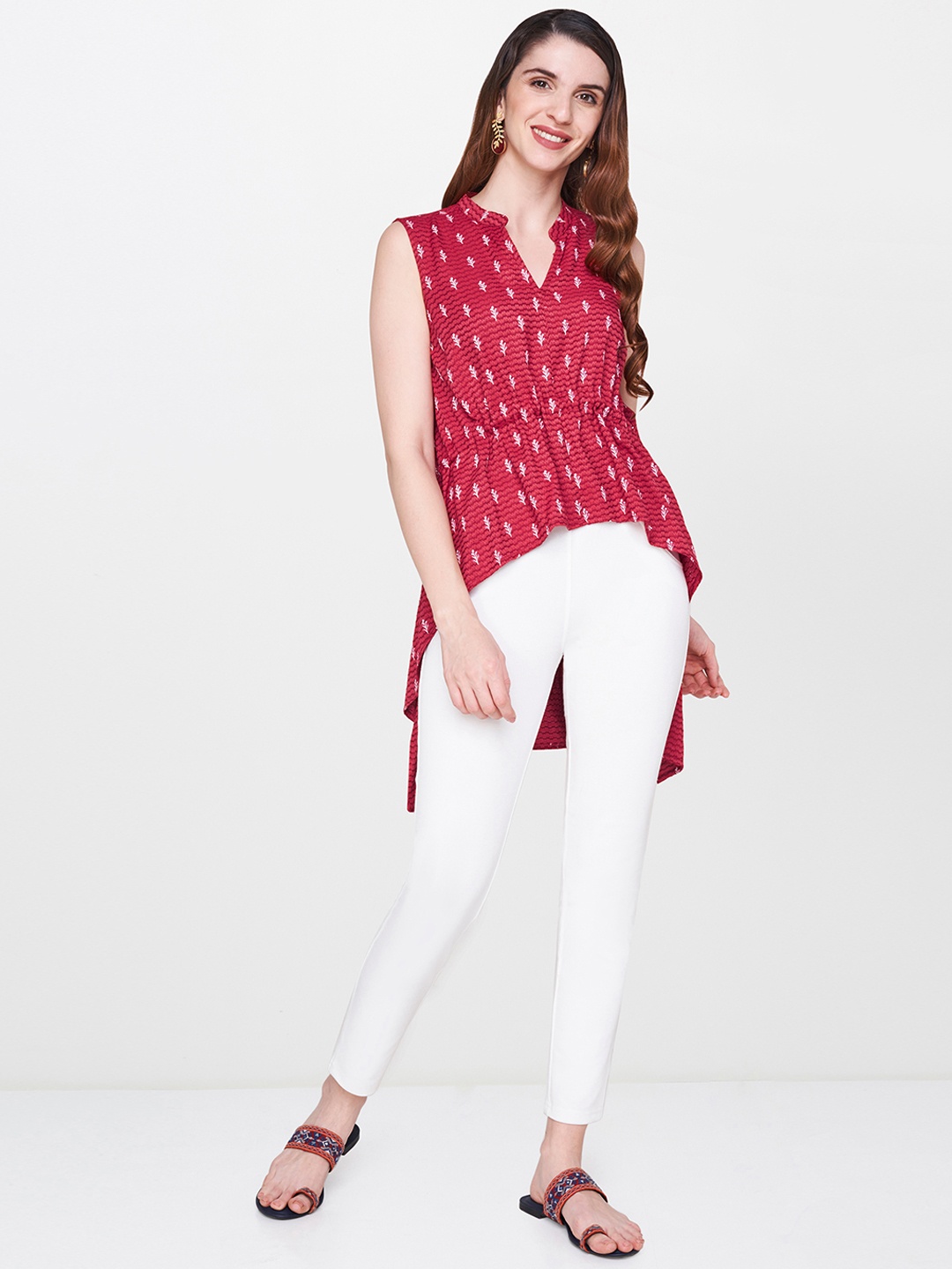

Global Desi Women Red Printed High-Low Top