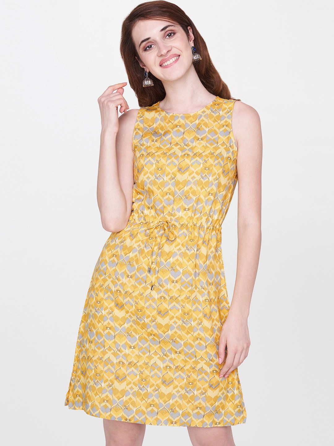

Global Desi Women Mustard Yellow Printed A-Line Dress