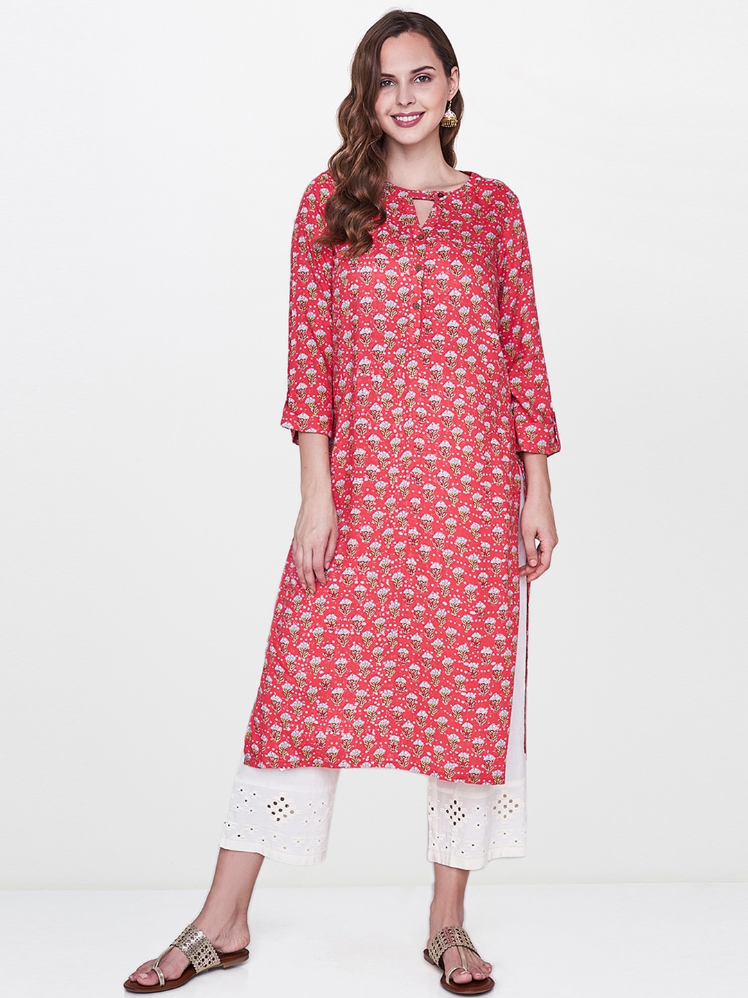 Global Desi Women Coral & Green Printed Straight Kurta