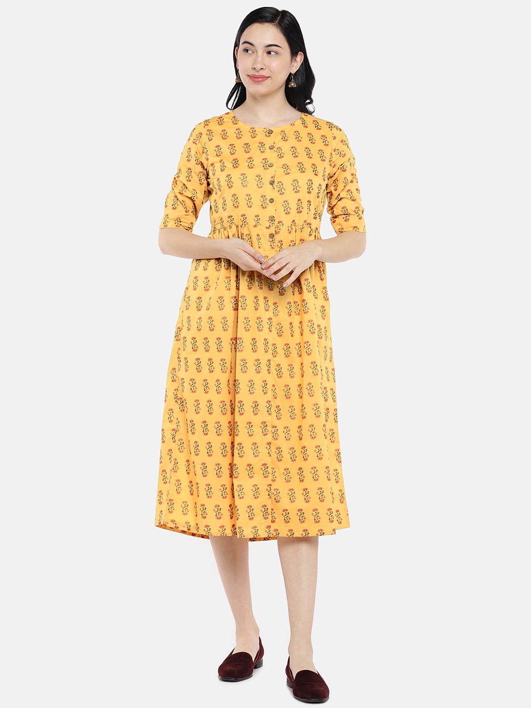 

Global Desi Women Mustard Yellow Printed Fit and Flare Dress