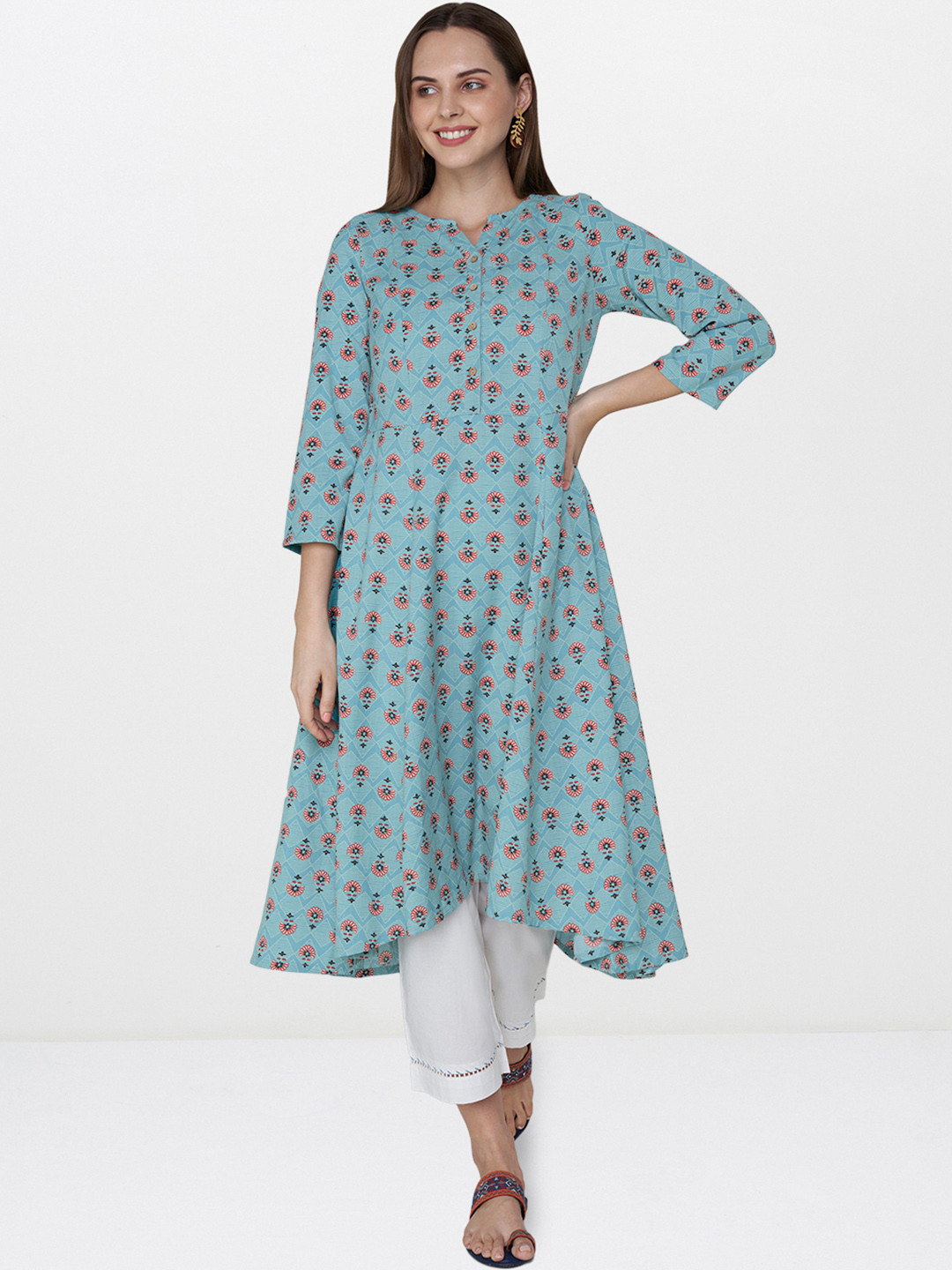 

Global Desi Women Blue Printed A-Line Asymmetric Kurta