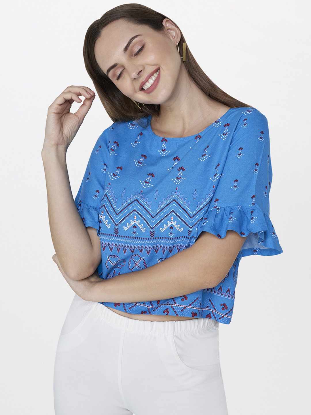 

Global Desi Women Blue Printed Regular Top