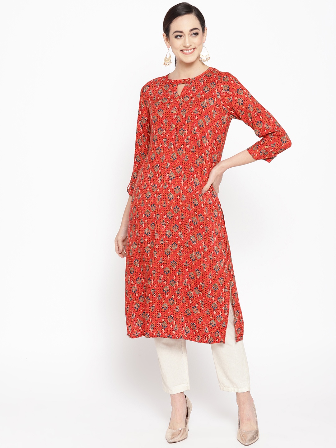 

Global Desi Women Red & Blue Floral Print Straight Kurta