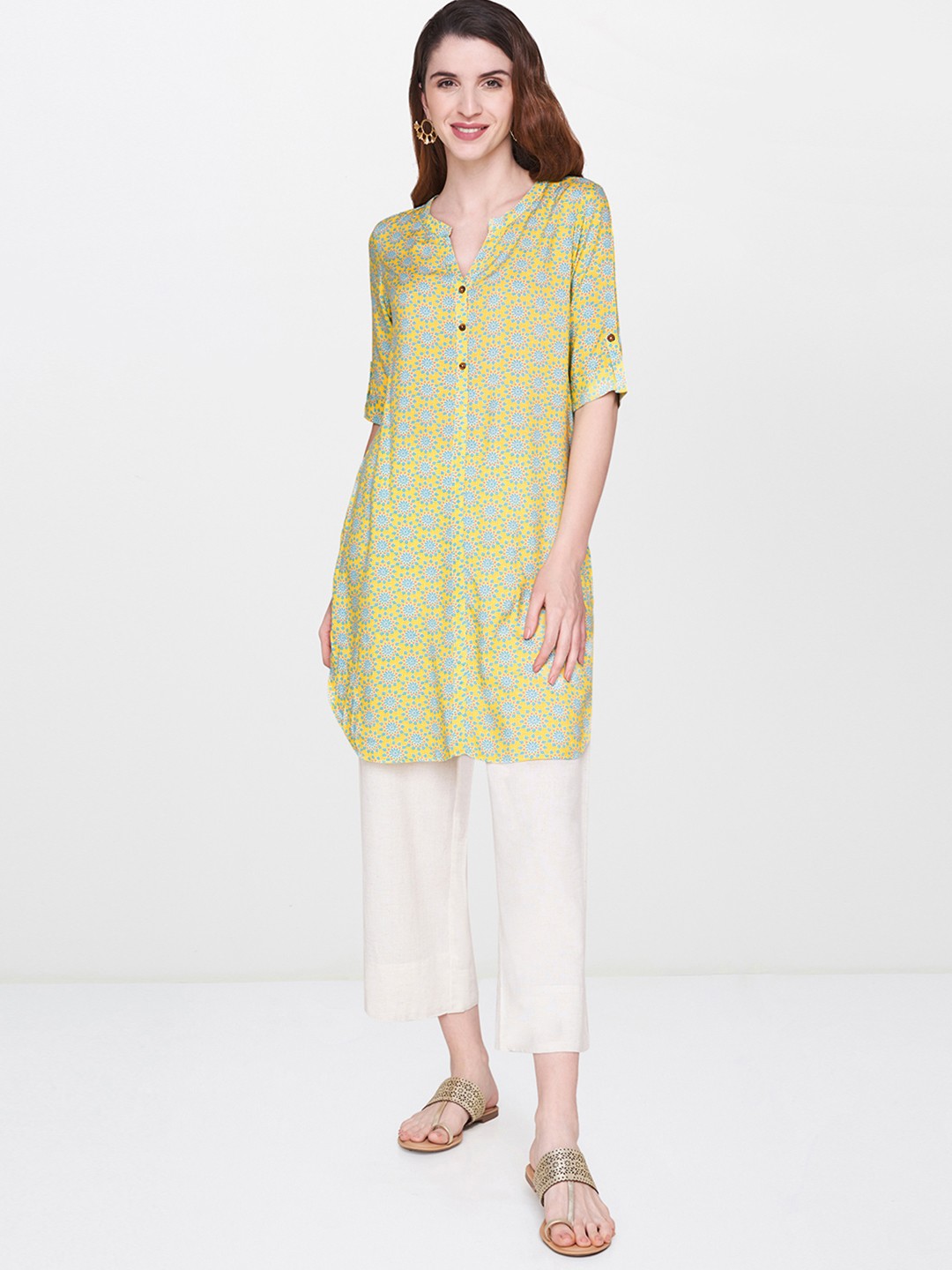 

Global Desi Women Yellow & Blue Printed Tunic