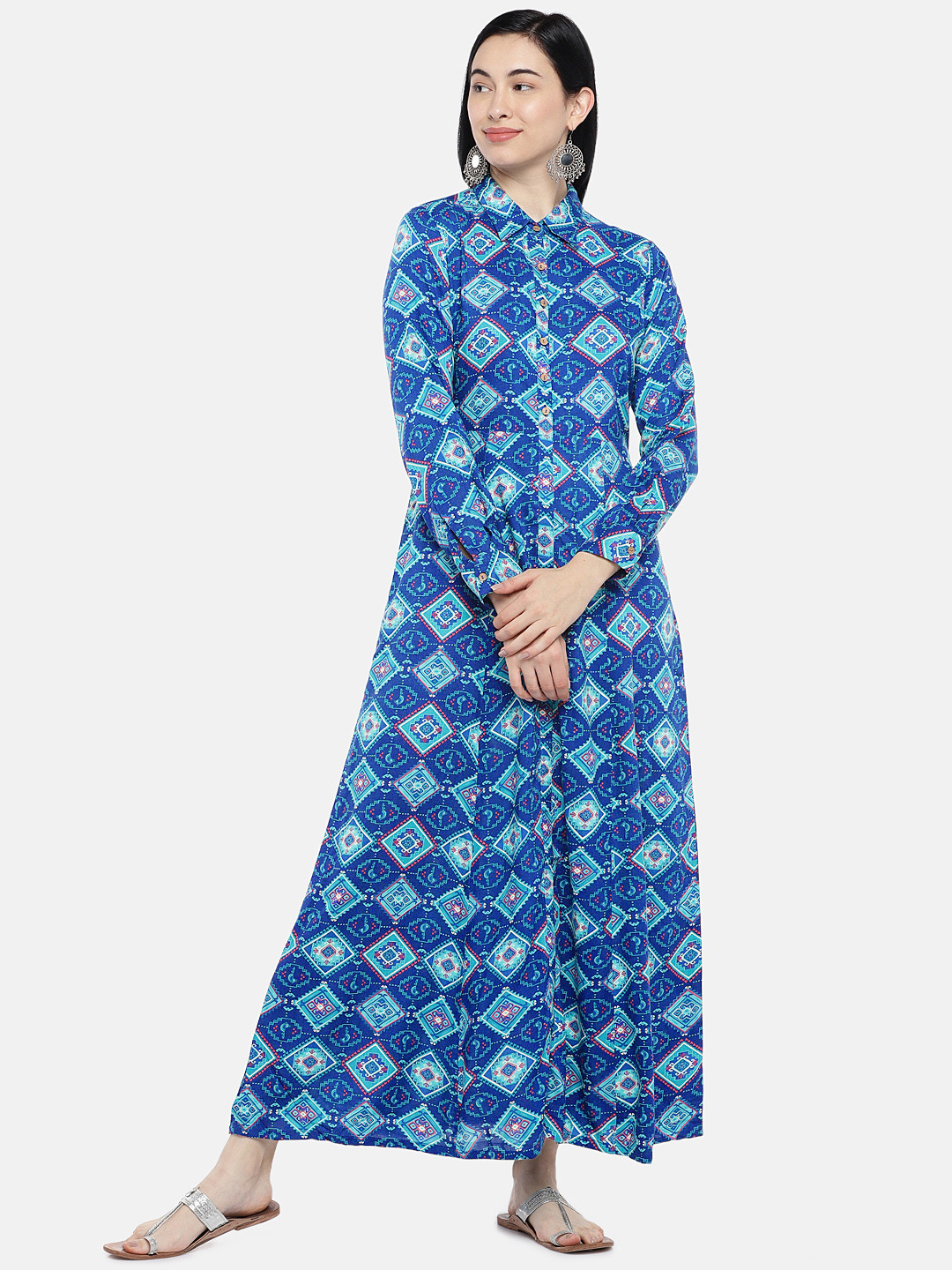 

Global Desi Women Blue Printed A-Line Maxi Dress