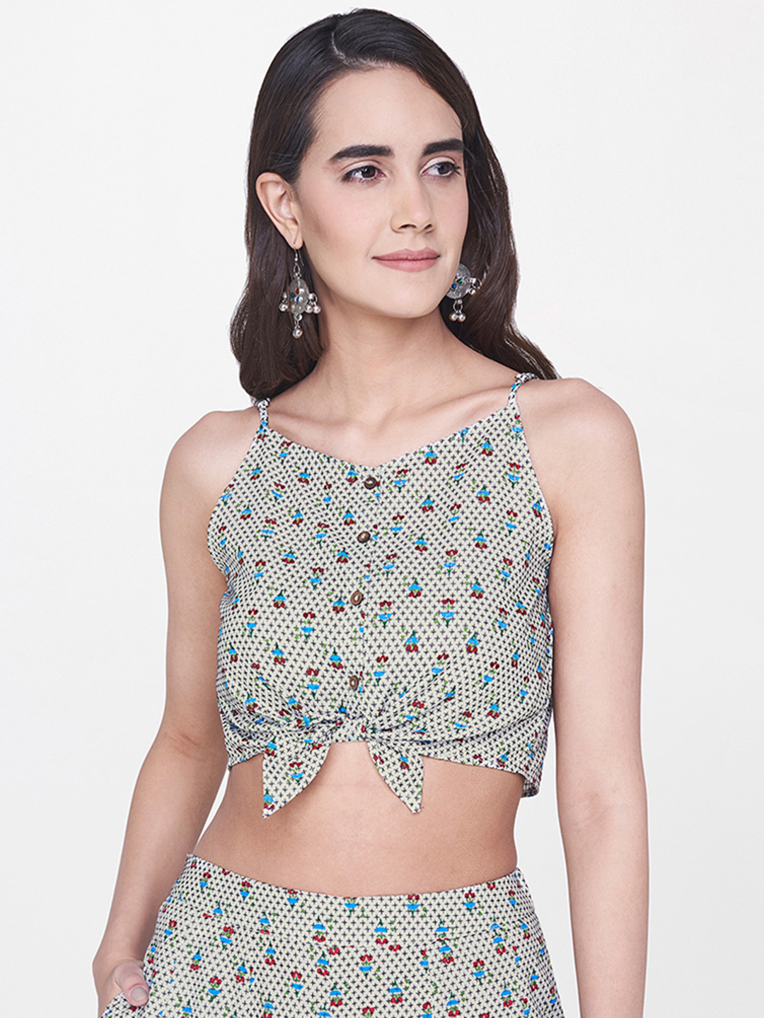 

Global Desi Women Off-White & Black Printed Crop Top