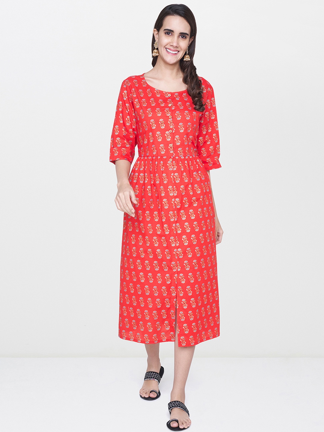 

Global Desi Women Red Printed Fit and Flare Dress
