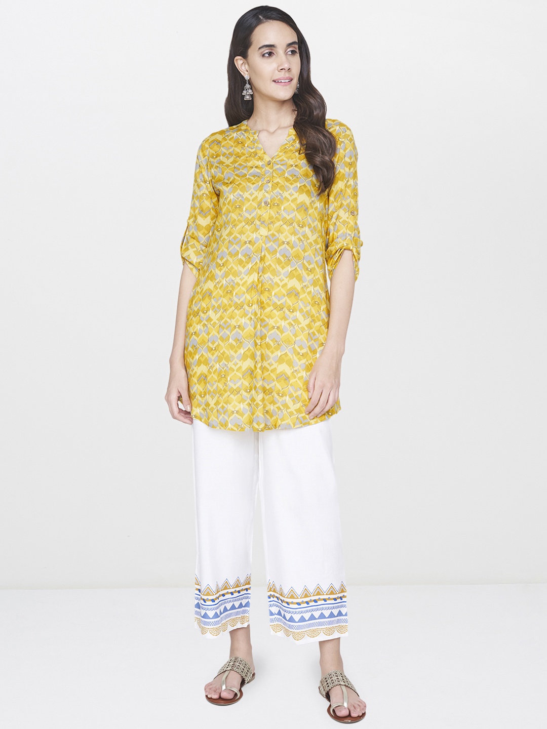 

Global Desi Women Mustard Yellow & Grey Printed Tunic