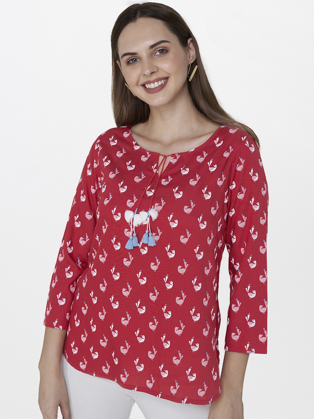 

Global Desi Women Red & White Printed Regular A-Line Top