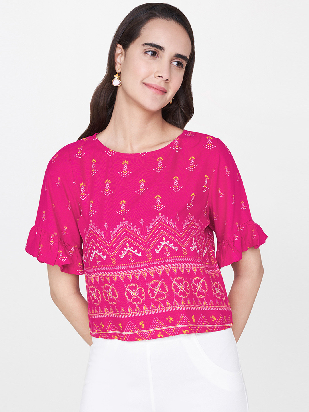 

Global Desi Women Pink Printed Regular Top