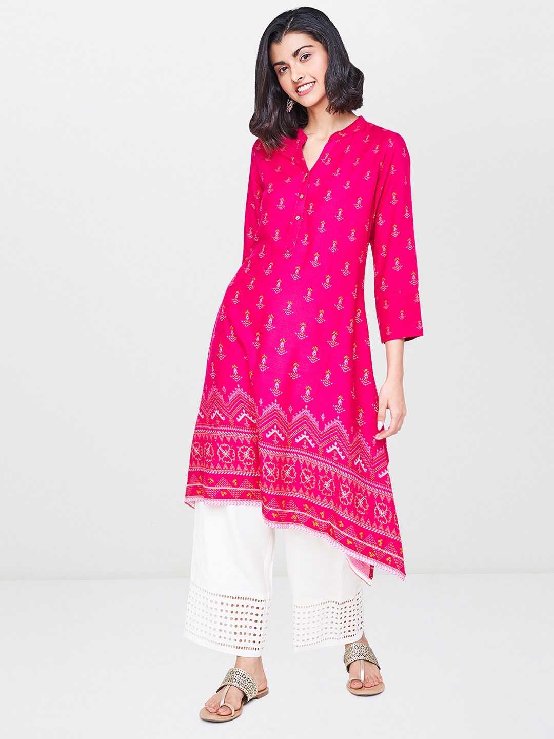

Global Desi Women Pink Printed A-Line Kurta