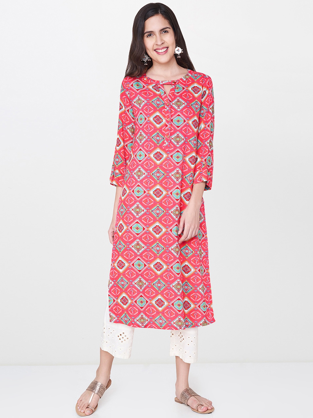 

Global Desi Women Pink & Blue Printed Straight Kurta