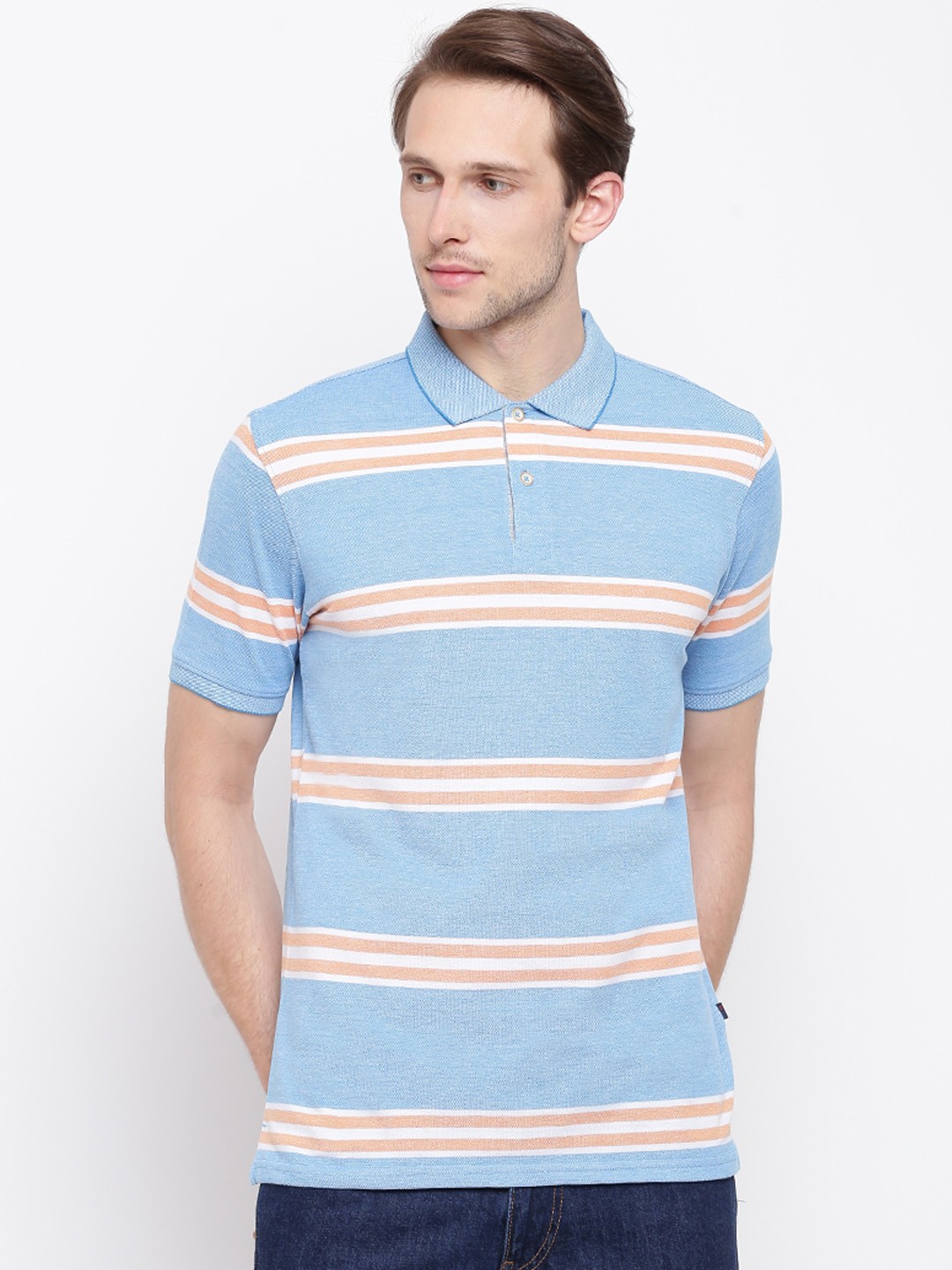 

Peter England Casuals Men Blue & Peach-Coloured Striped Polo Collar T-shirt