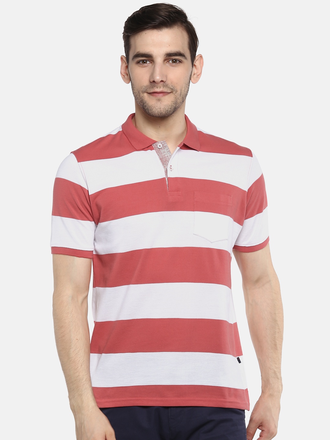 

Peter England Casuals Men White & Peach-Coloured Striped Polo Collar T-shirt