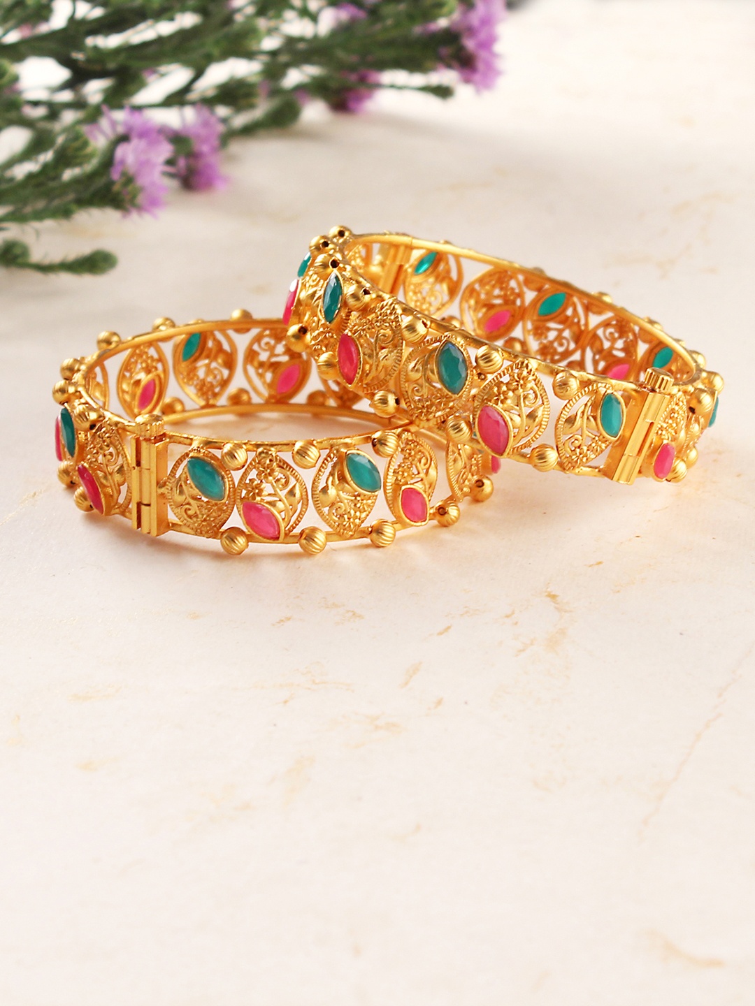 

Women Set of 2 Gold-Plated Stone-Studded Bangles