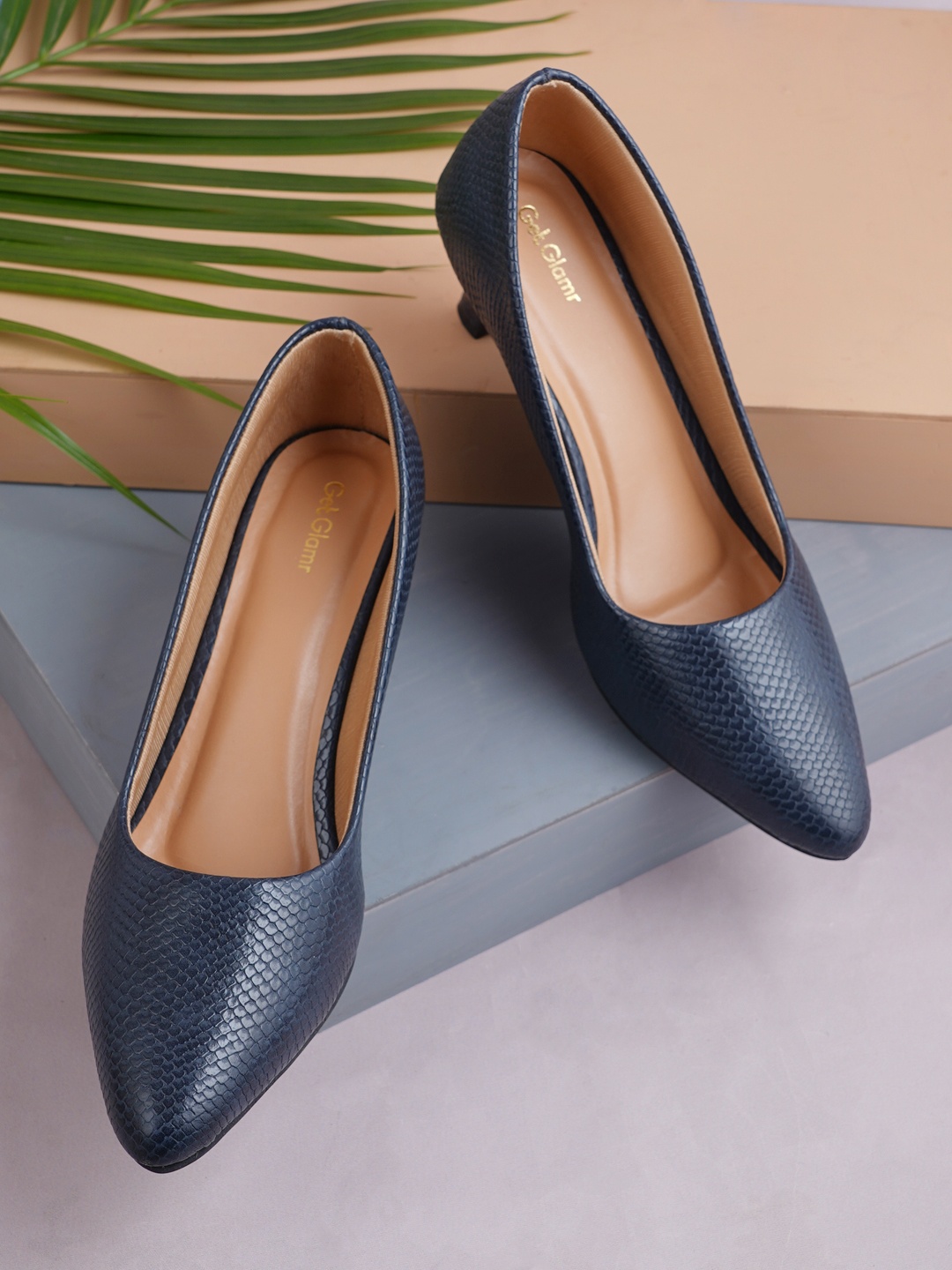 

Get Glamr Women Navy Blue Textured Pumps