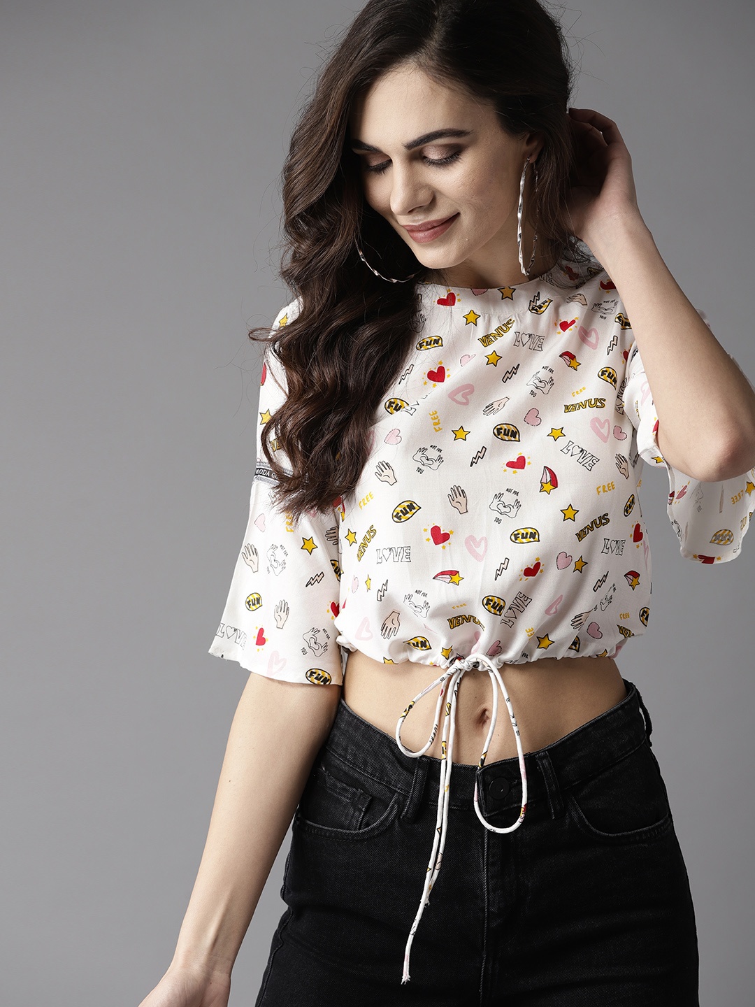 

Moda Rapido Women White Printed Crop Blouson Top