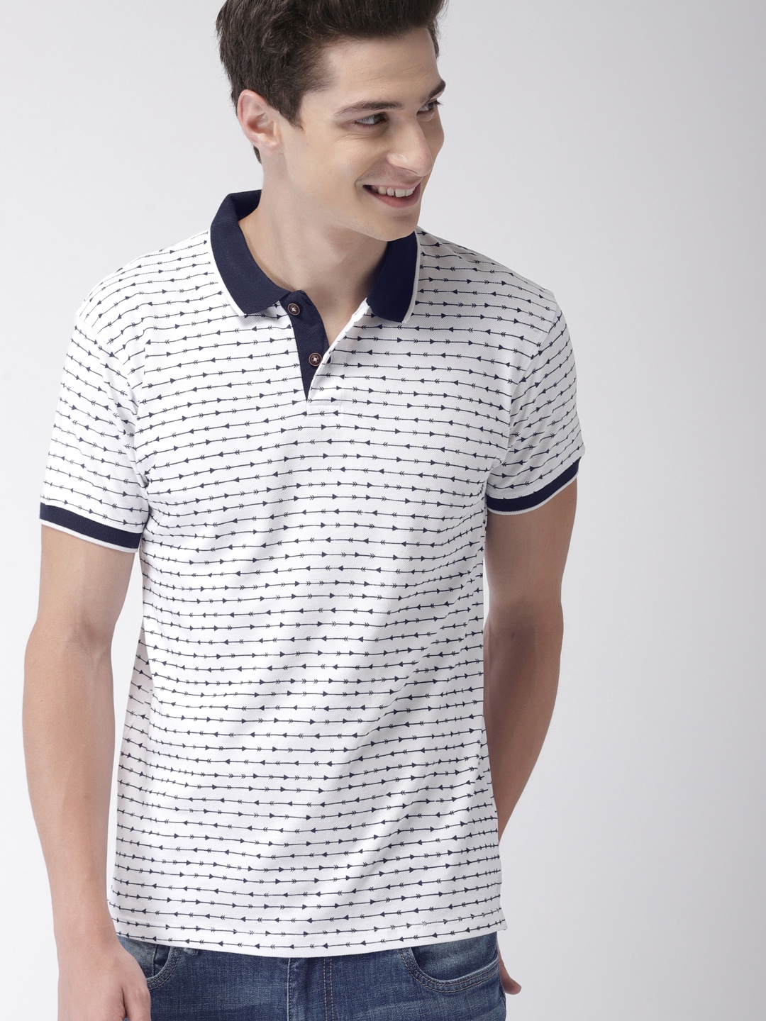 

Mast Harbour Men White Navy Blue Striped Polo Collar Pure Cotton T-shirt