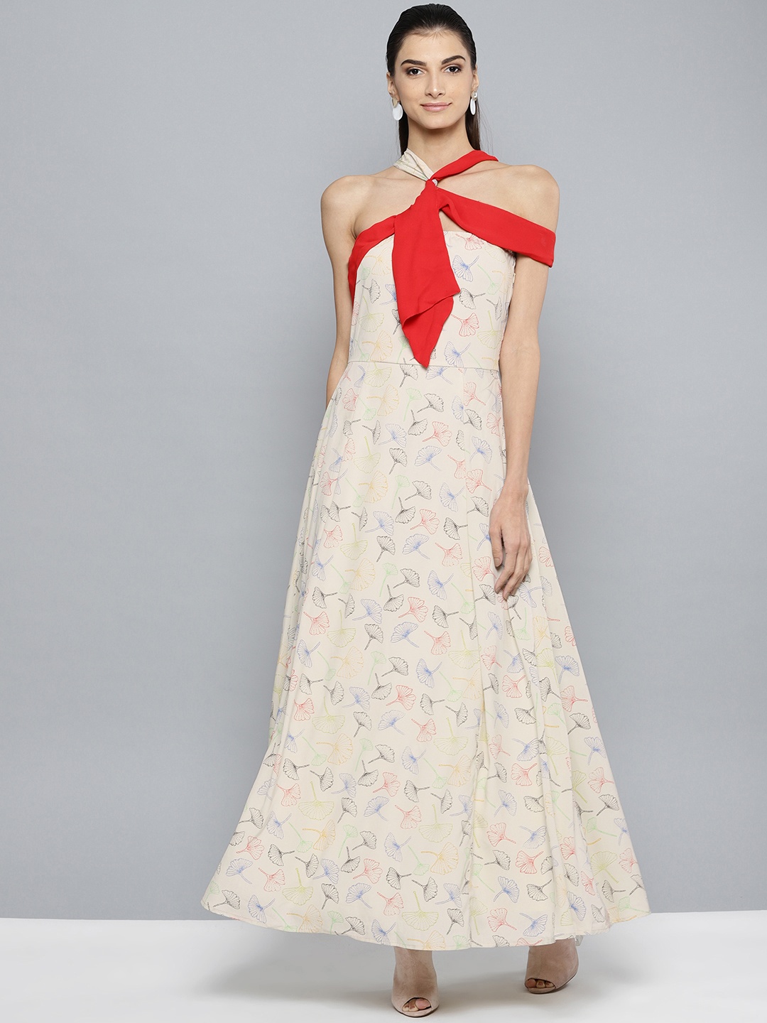 

STREET 9 Women Cream-Coloured & Red Printed Maxi Dress