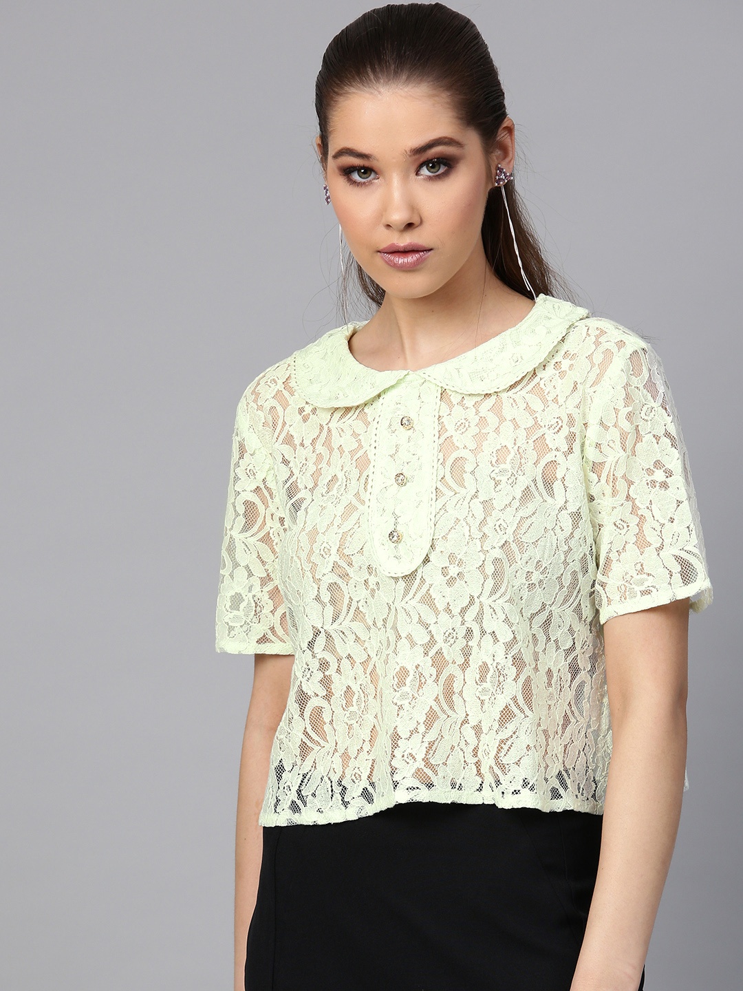 

STREET 9 Women Mint Green Lace Sheer Boxy Top