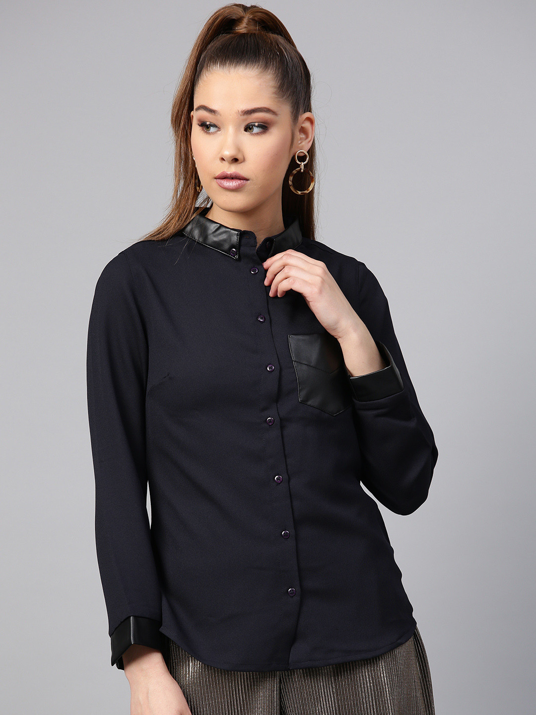 

STREET 9 Women Navy Blue Regular Fit Solid Casual Shirt