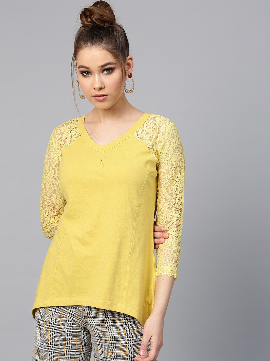 

STREET 9 Women Mustard Yellow Solid A-Line Pure Cotton Top