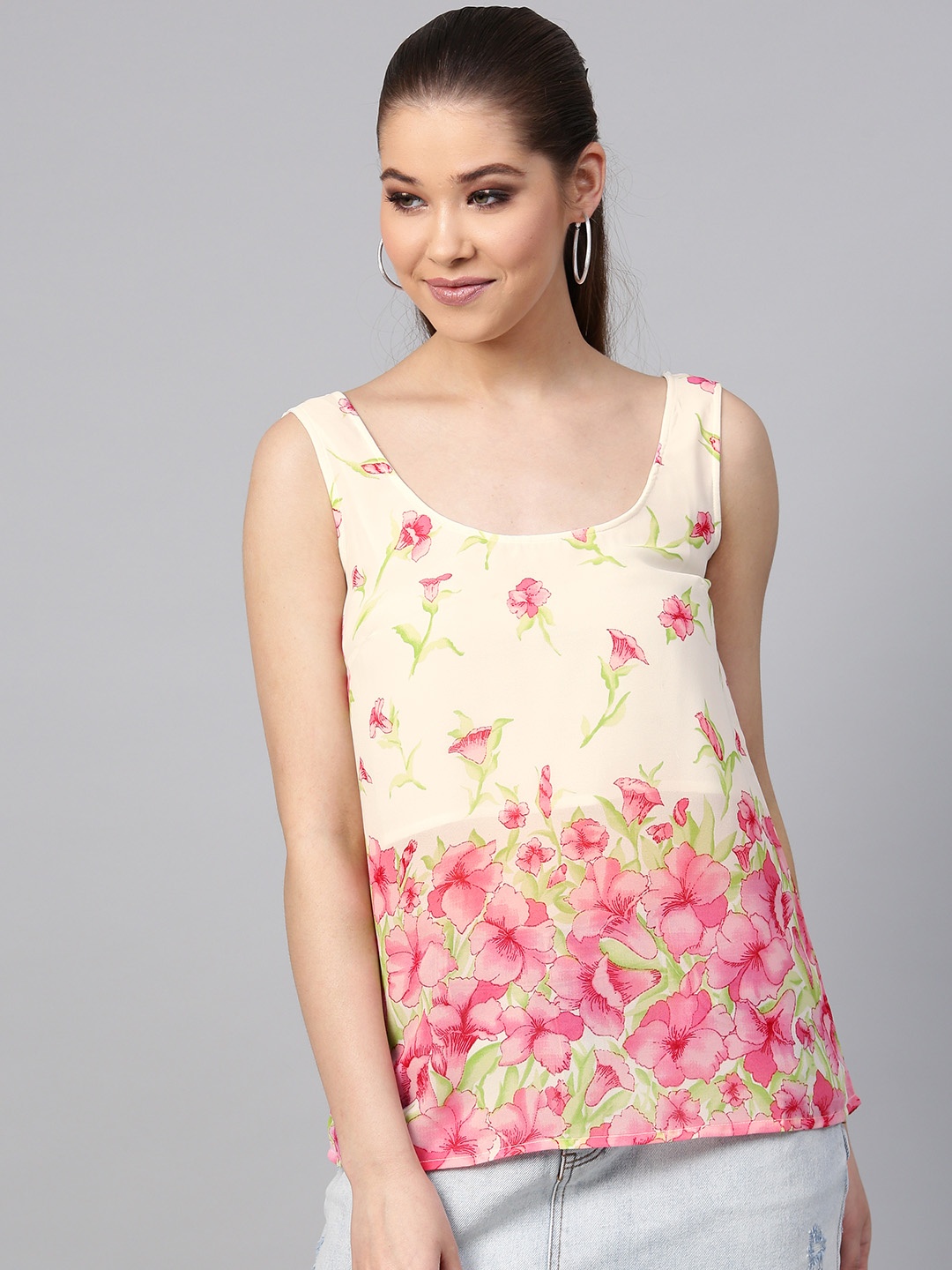 

STREET 9 Women Off-White & Pink Printed A-Line Top