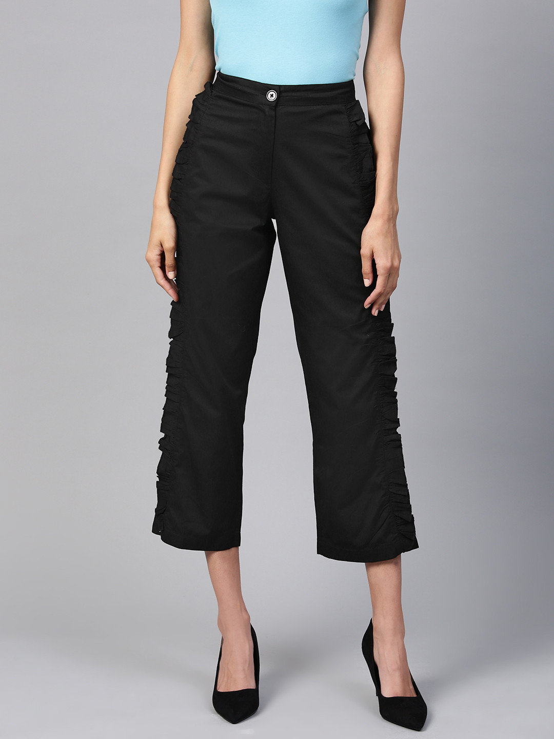 

STREET 9 Women Black Frilled Solid Culottes