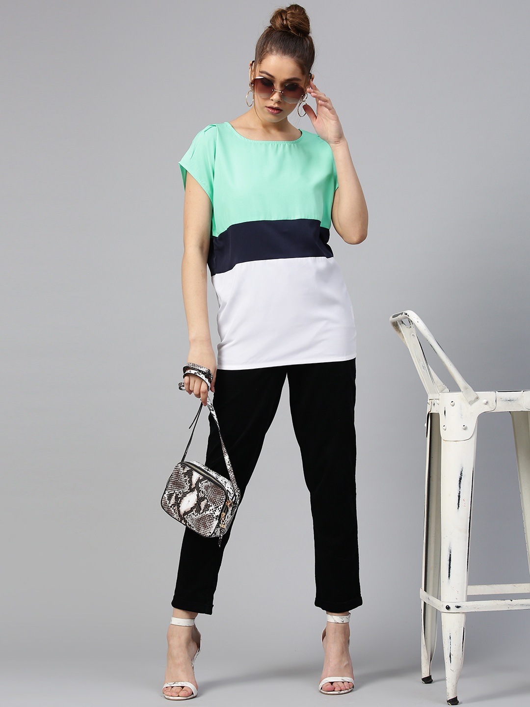 

STREET 9 Women Sea Green & White Colourblocked Top