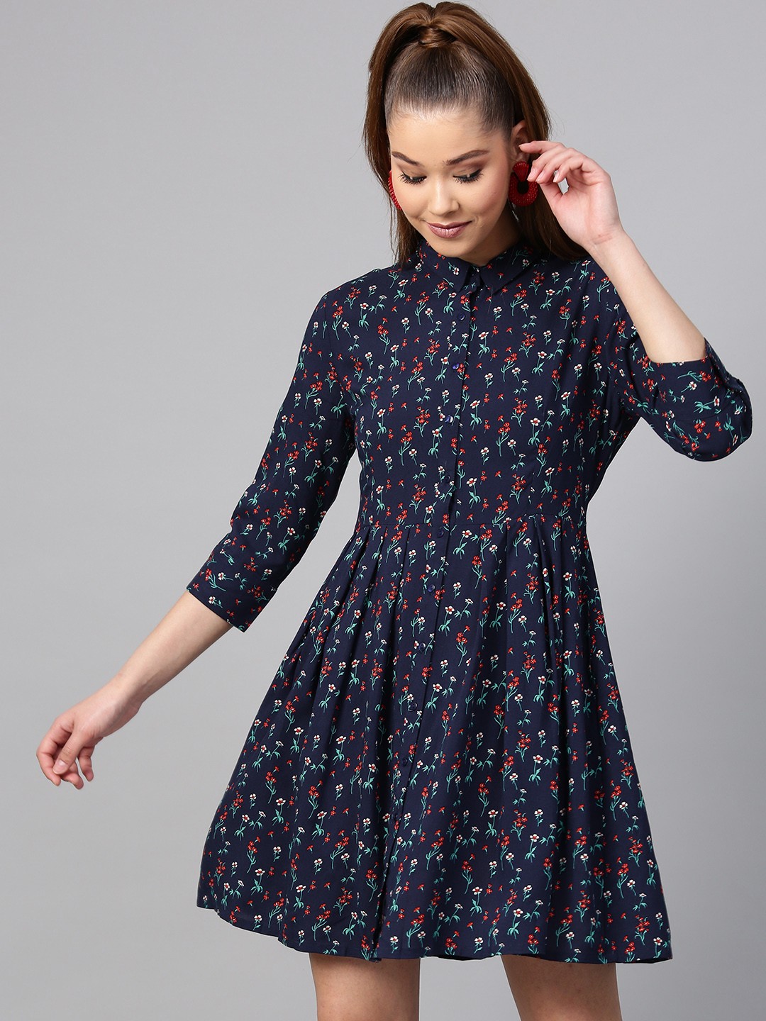 

STREET 9 Women Navy Blue & Red Printed Fit & Flare Dress