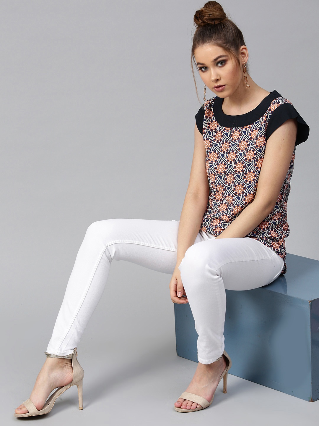 

STREET 9 Women Navy Blue & Orange Printed Top