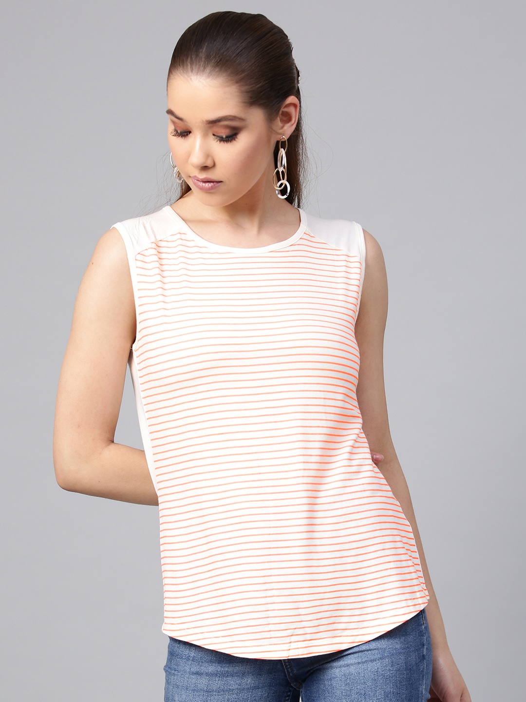 

STREET 9 Women White & Coral Pink Striped Top