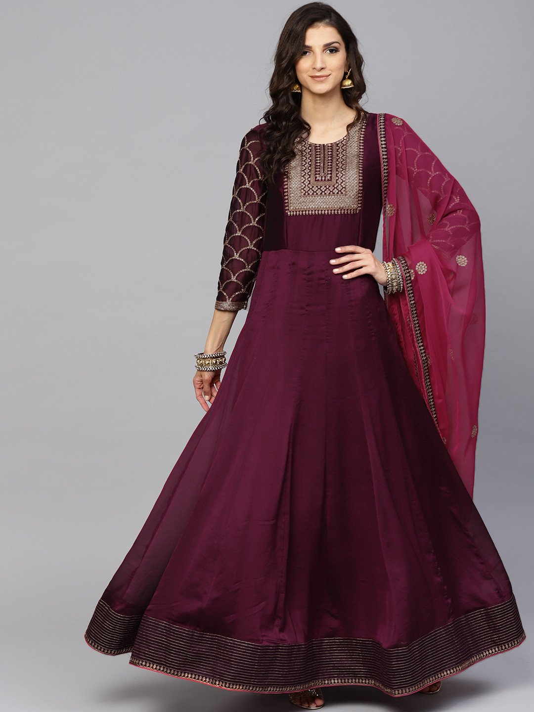 

Inddus Women Aubergine Yoke Design Anarkali Kurta with Dupatta, Purple
