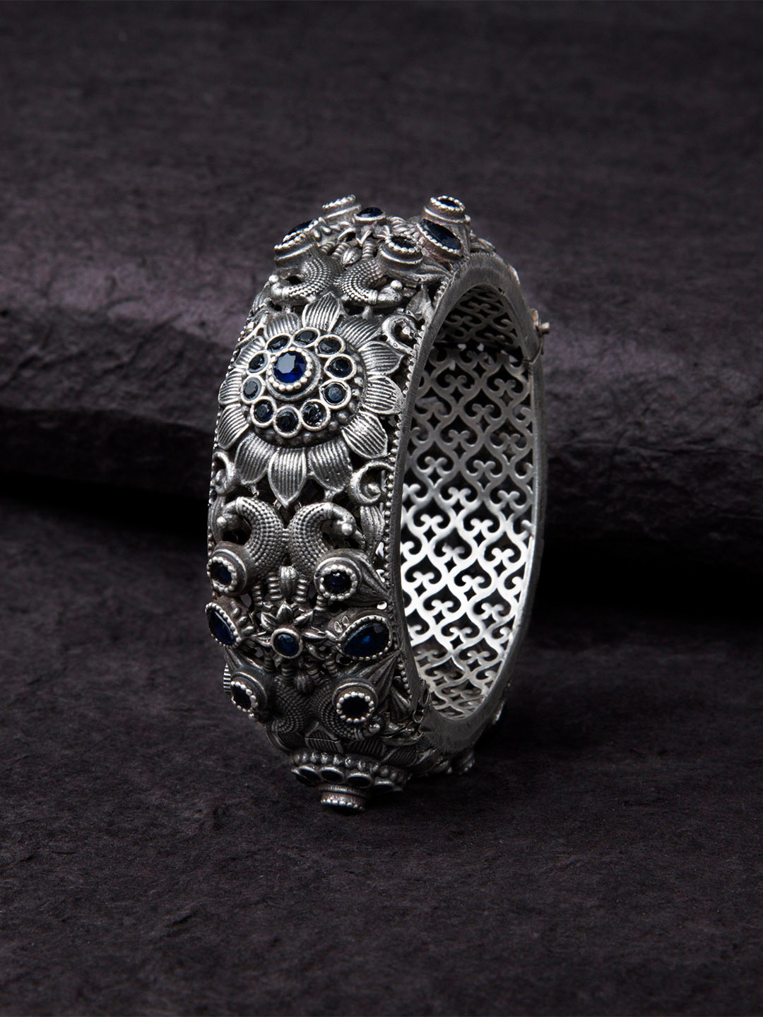 

Rubans Oxidised Silver-Plated & Blue Stone-Studded Handcrafted Bangle
