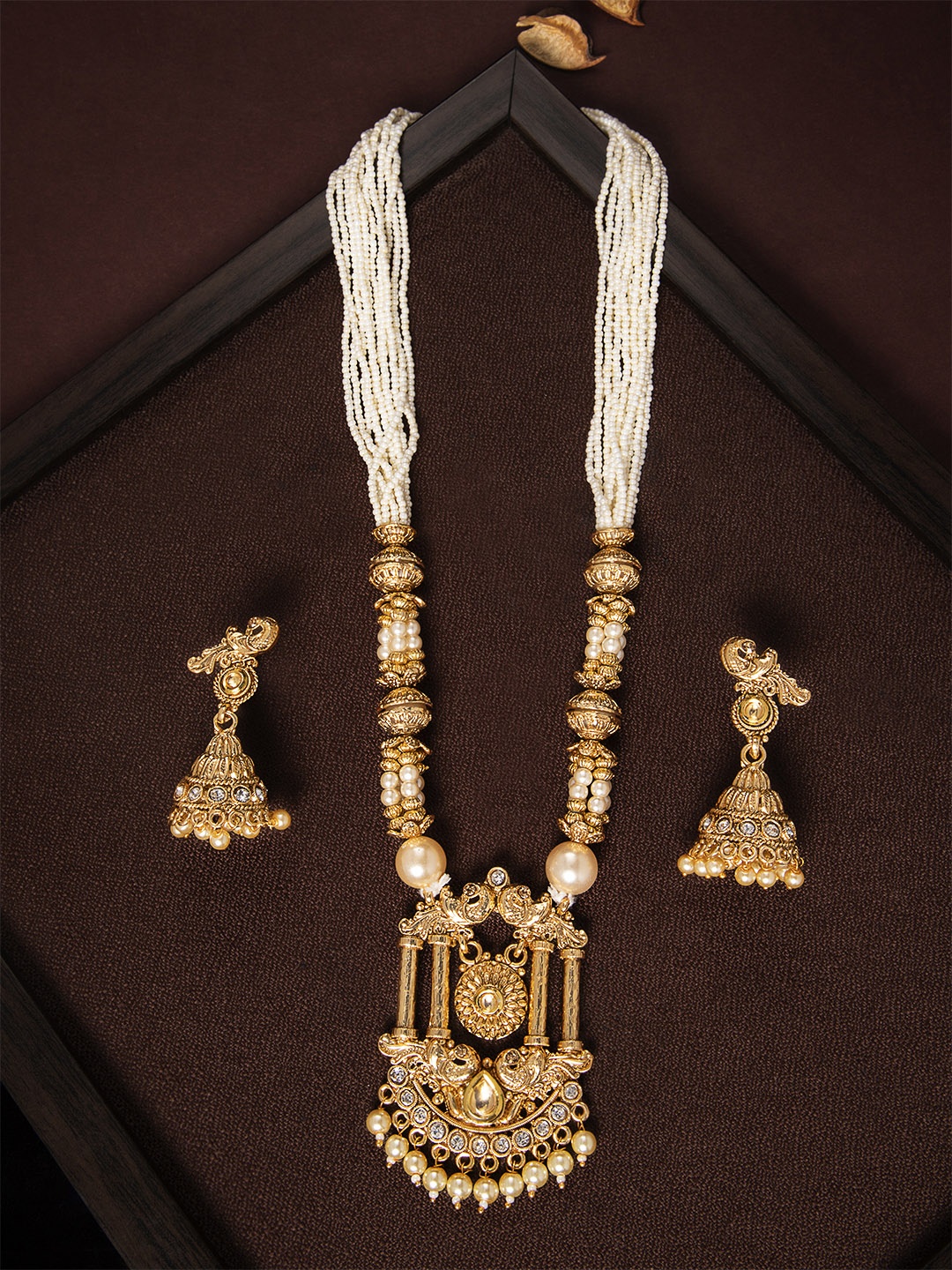 

Rubans Women Gold-Plated & White AD Studded & Pearl Beaded Jewellery Set