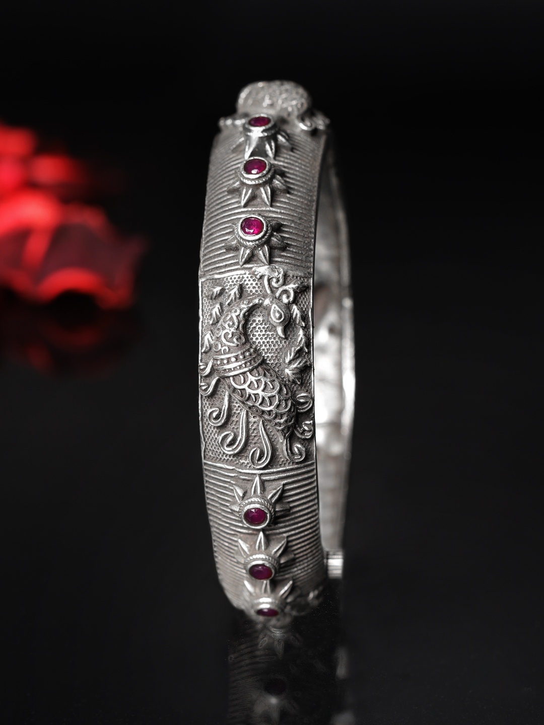 

Rubans Oxidised Silver-Plated & Pink Ruby Studded Handcrafted Bangle