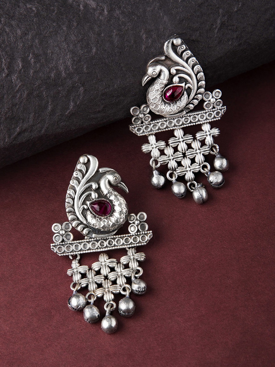 

Rubans Silver-Plated & Handcrafted Peacock Shaped Drop Earrings