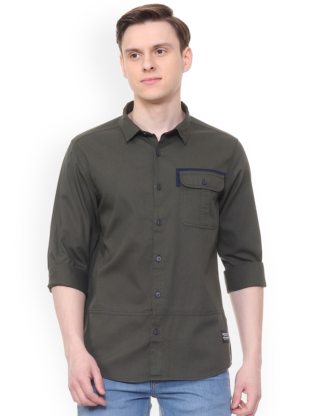 

People Men Olive Green Regular Fit Solid Casual Shirt