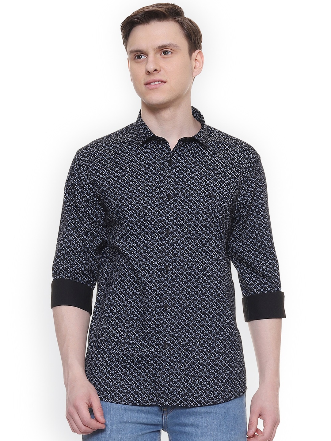 

People Men Navy Blue Regular Fit Printed Casual Shirt