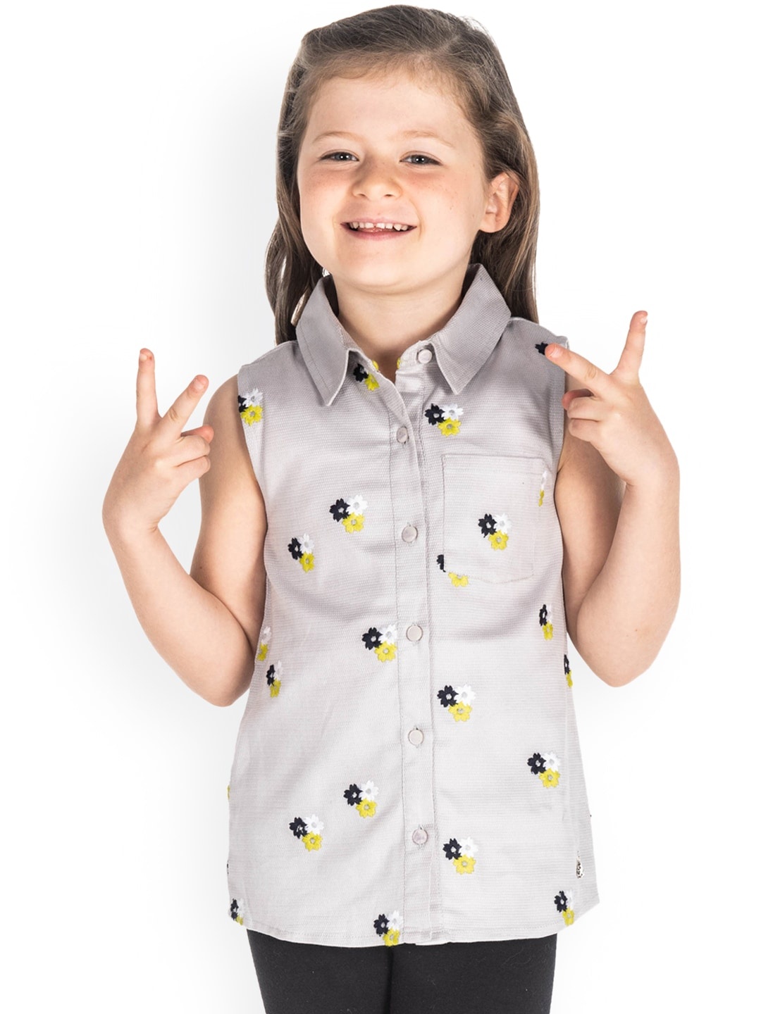 

Cherry Crumble Girls Grey Embroidered Shirt Style Pure Cotton Top